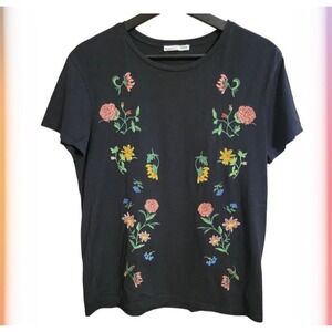 Zara Black Floral Embroidered T-Shirt Large Short Sleeve Pullover Crewneck Comfy